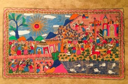 Bright colorful painting with many people in a village with buildings, water with fish, bright sun, field with plants, hills, and large tree surrounding.