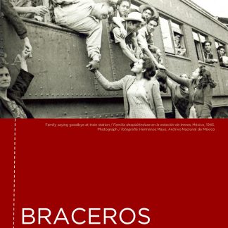 Braceros: An Educator's Guide. Black and white old photo of men hanging out of train windows touching hands with women standing outside.