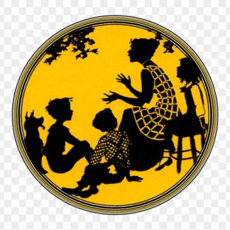 Art silhouette of woman talking and gesturing with three kids sitting around listening and a dog.