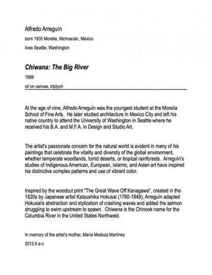 Label with lots of text explaining the painting Chiwana: The Big River by Alfredo Arreguin.