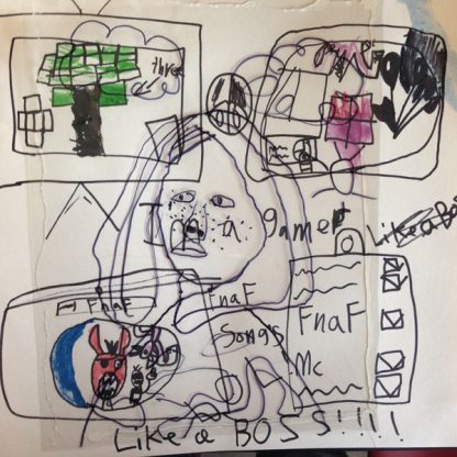 Transparent child's drawing of person surrounded by boxes with drawings and text. Like a Boss!!! at bottom.