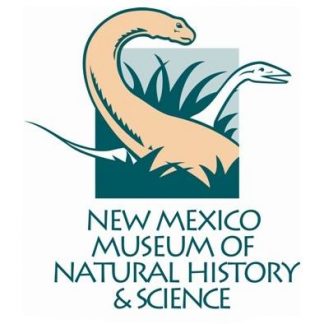 New Mexico Museum of Natural History & Science logo. Two dinosaurs with long necks in tall grass.