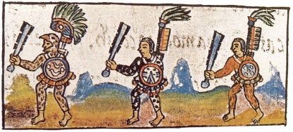 Old artwork. Three people holding club-like objects, shields, and large staffs wtih feathery tops. Colorful.