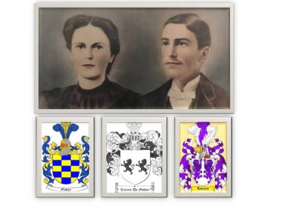 Old photo of a woman and man dressed in formal clothes. 3 family crest images below.