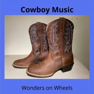 a pair of worn brown leather cowboy boots sit next to one another in front of a white background.