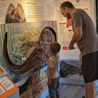 Adult and child looking at geologic diagram
